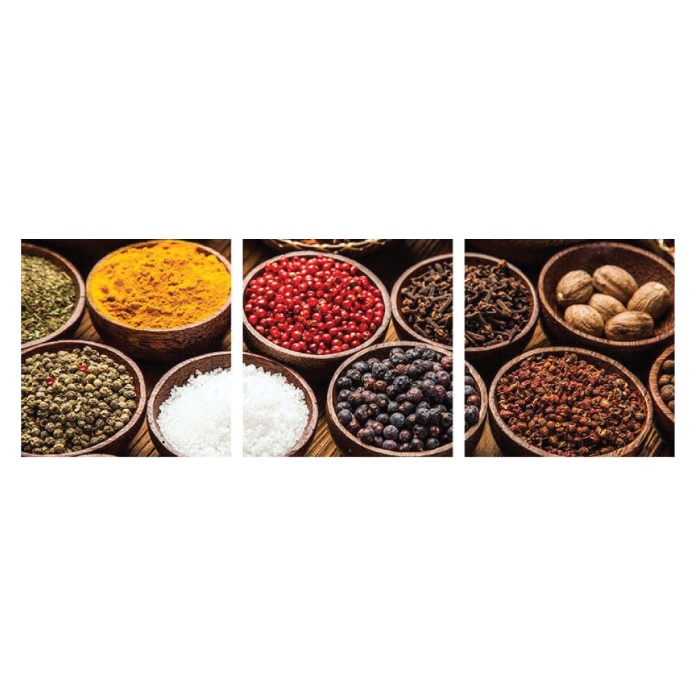 Leinwandbild mit asiatischen Gewürzen scharf gesund 3-teilig Panorama Bilder für die Küche oder Restaurant.