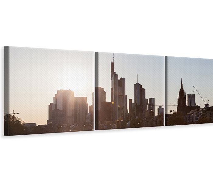 Panorama-Leinwandbild-3-teilig-Skyline-Sonnenaufgang-bei-Frankfurt-am-Main